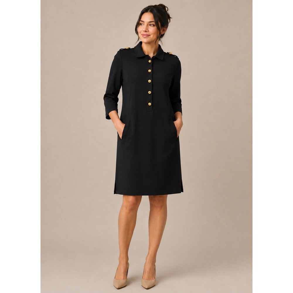 Elizabeth McKay Annapolis Shift Dress Black Gold Buttons Size L Epaulette